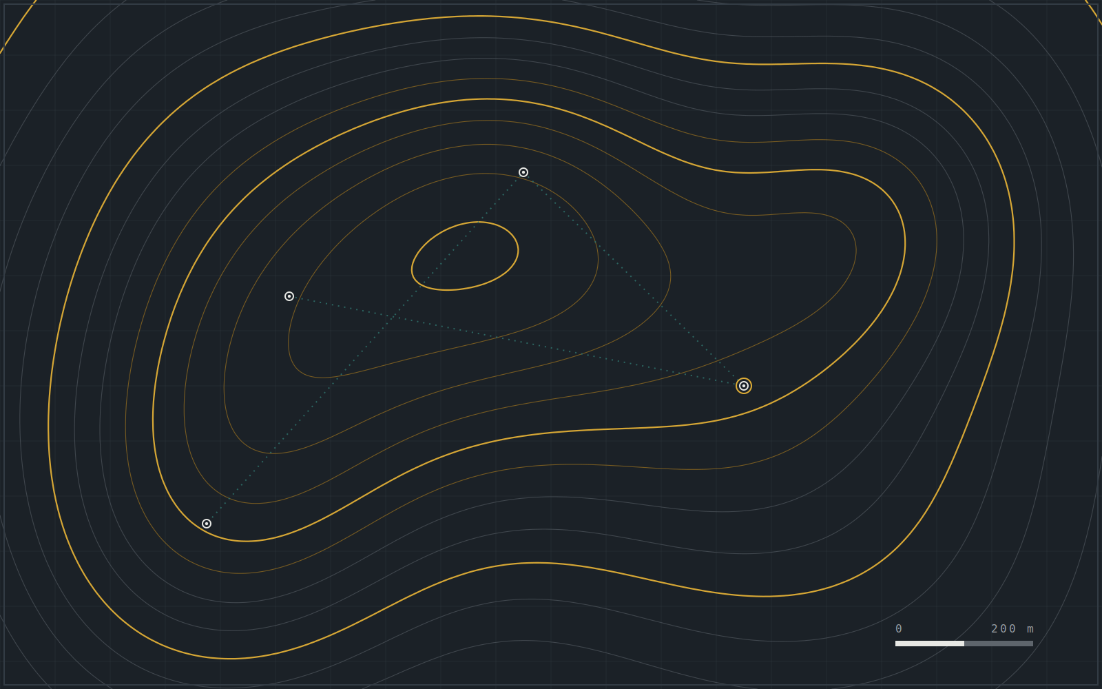 Topographic contour model of a survey area with marked survey stations and traverse.